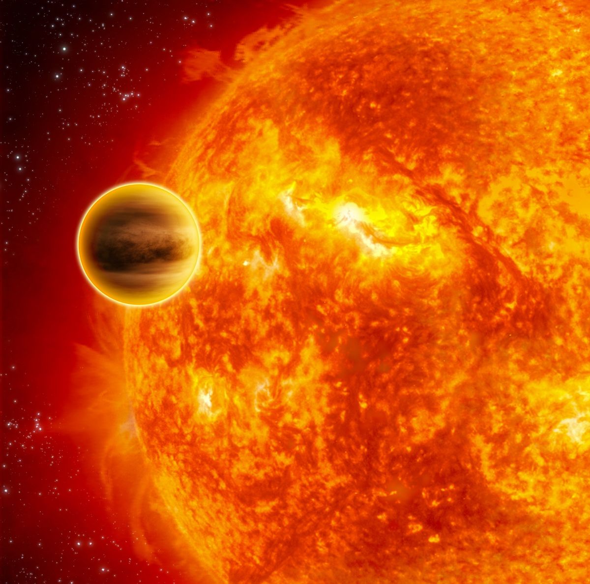 An artist&#039;s depiction of the planet 51 Pegasi b orbiting its star. 