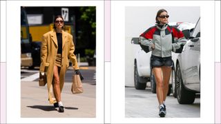 Hailey Bieber wearing a camel micro skirt and coat and another picture of her wearing a denim mini skirt