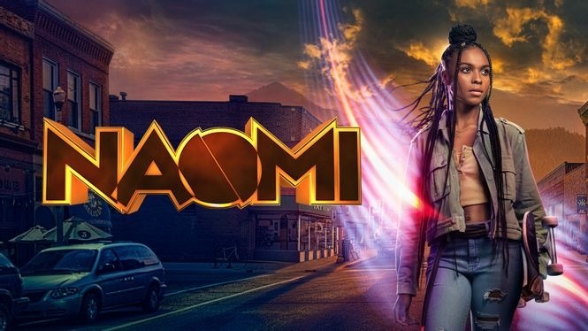 En promobild för HBO Max-serien Naomi, där huvudpersonen står bredvid en logo för serien med en stad i bakgrunden.