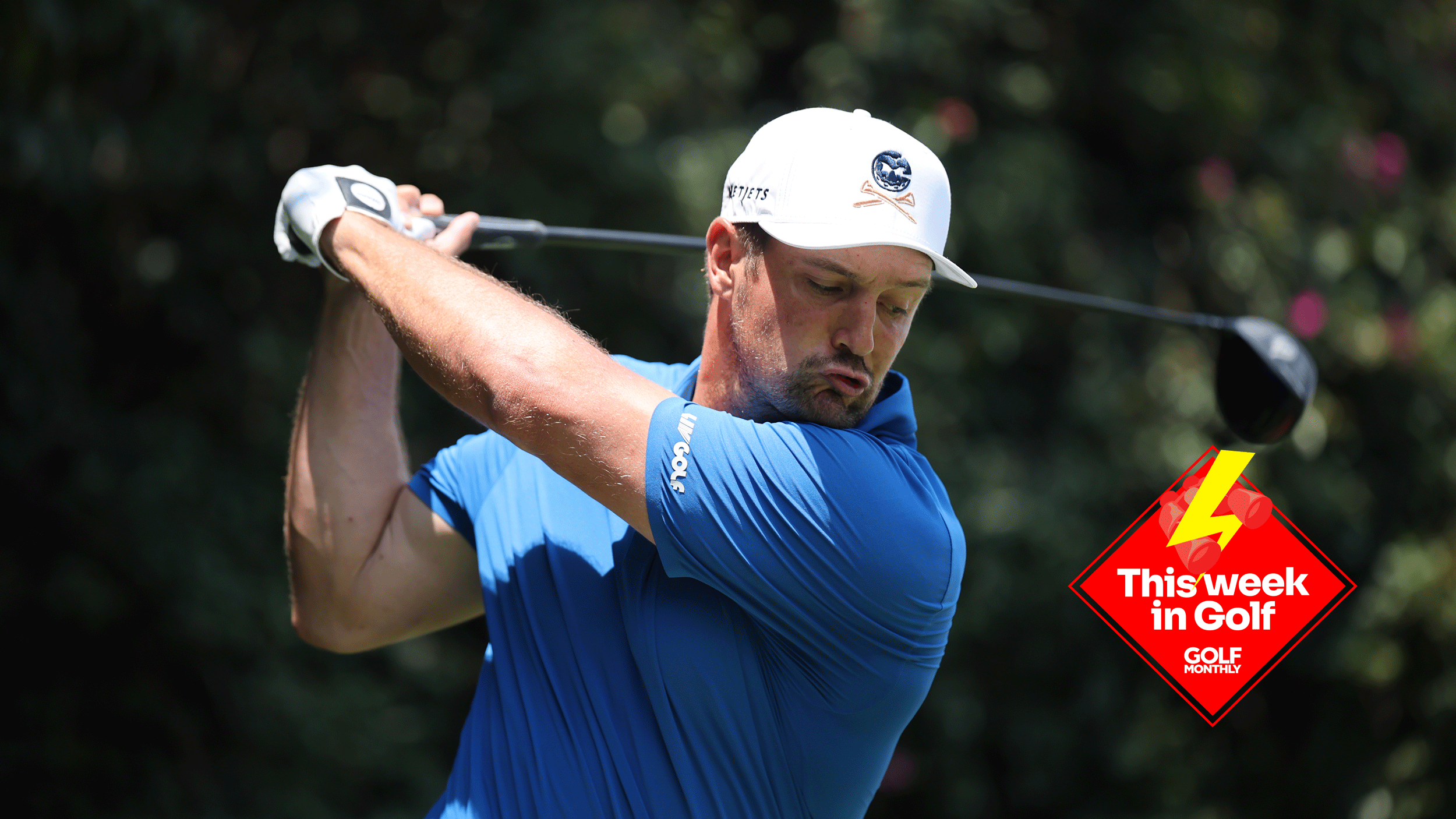 Bryson DeChambeau prepares to hit a drive during LIV Golf Mexico City 2026, and a This Week In Golf sticker in the bottom right