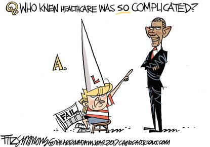 Political cartoon U.S. GOP health-care bill complicated Trump Obama