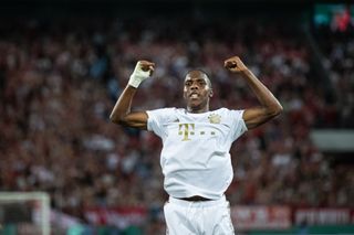 Mathys Tel of Bayern celebrates after scoring his team's second goal during the DFB Cup first round match between FC Viktoria Köln and FC Bayern München at RheinEnergieStadion on August 31, 2022 in Cologne, Germany.