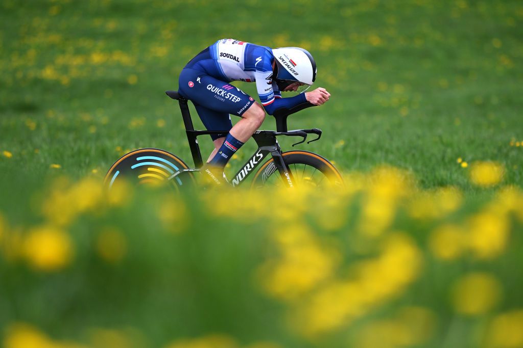 CHTELSAINTDENIS SWITZERLAND APRIL 28 Remi Cavagna of France and Team Soudal QuickStep sprints during the 76th Tour De Romandie 2023 Stage 3 a 1875km individual time trial stage from ChtelSaintDenis to ChtelSaintDenis UCIWT on April 28 2023 in ChtelSaintDenis Switzerland Photo by Dario BelingheriGetty Images