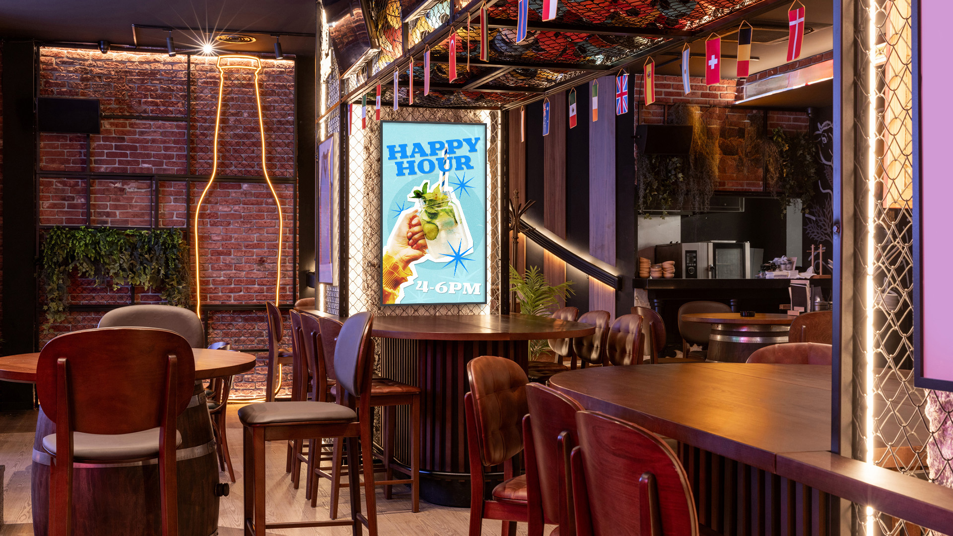 New Avocor digital signage advertising happy hour in a bar. 