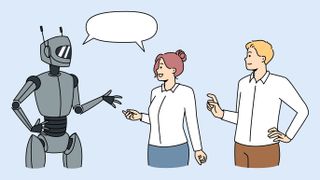 An illustration of a man and woman talking to a robot.