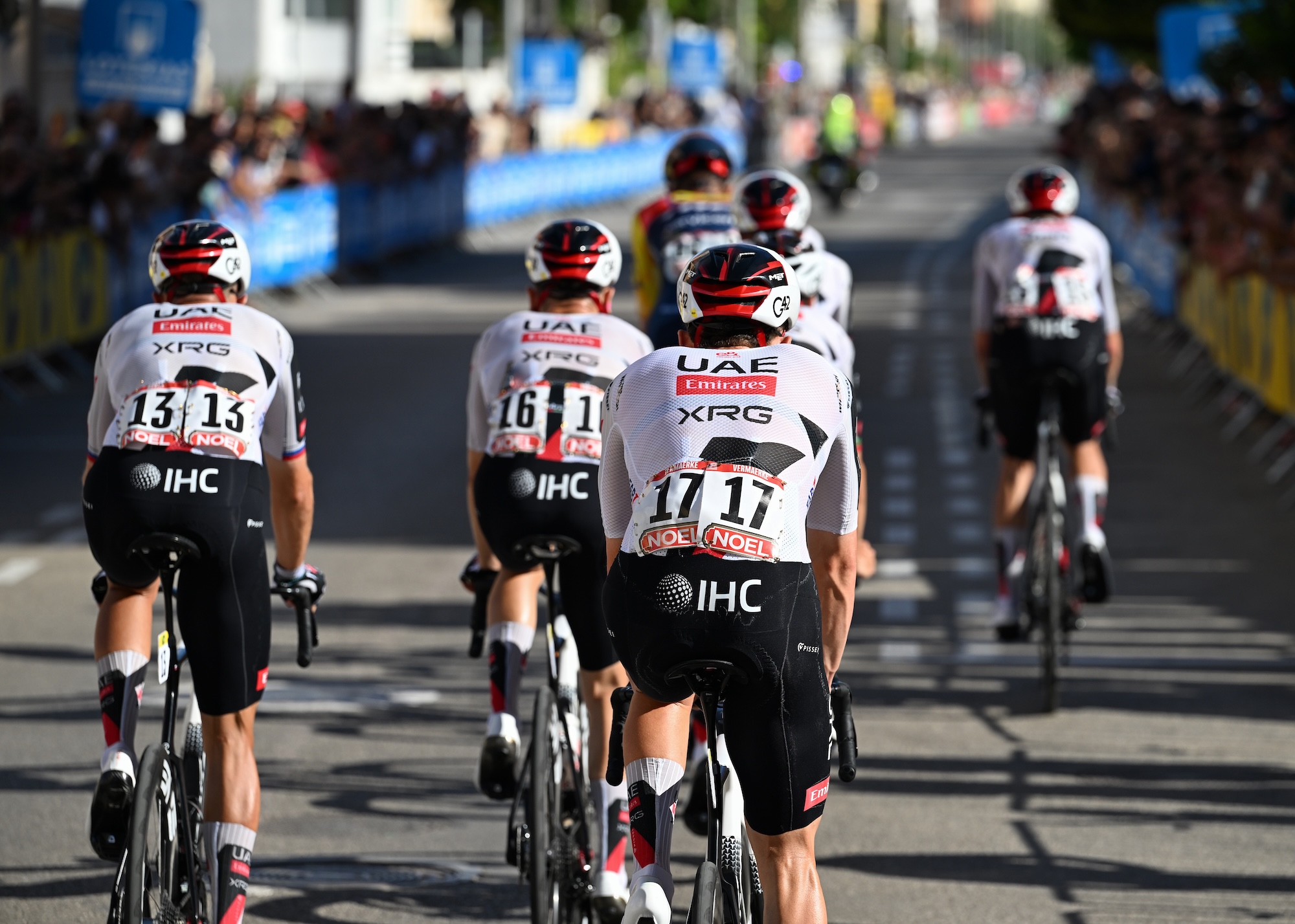 UAE Team Emirates-XRG riders Domen Novak, Ivo Oliveira, Pavel Sivakov, Pablo Torres, Kevin Vermaerke and Jay Vine dropped from the peloton after the crash and abandon of their team leader Tadej Pogačar