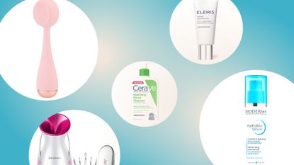 products from the Amazon Beauty Sale—including the PMD Cleanse, a facial steamer, CeraVe cleanser, Elemis peel and Bioderma serum—on a blue ombré background