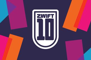 A dark purple, magenta, and orange graphic with a badge saying Zwift 10 in the center in white and purple.