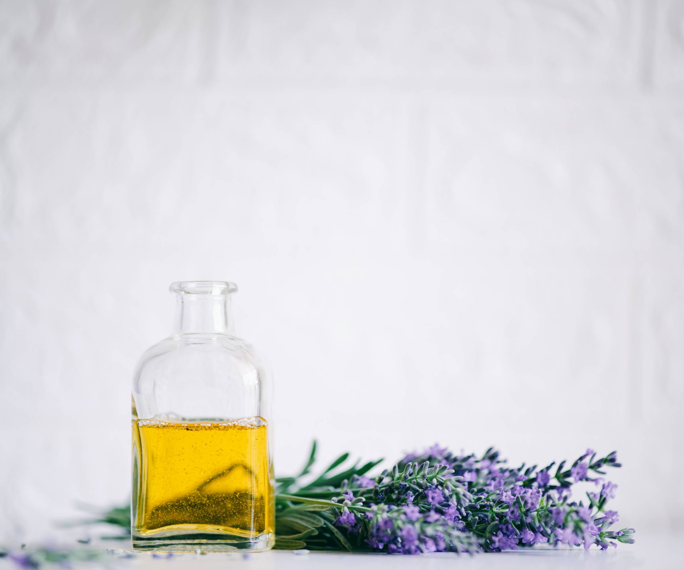 Lavender sprigs and essential oil
