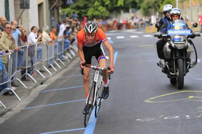 Mathieu van der Poel (Netherlands) goes clear on Via Salviati.