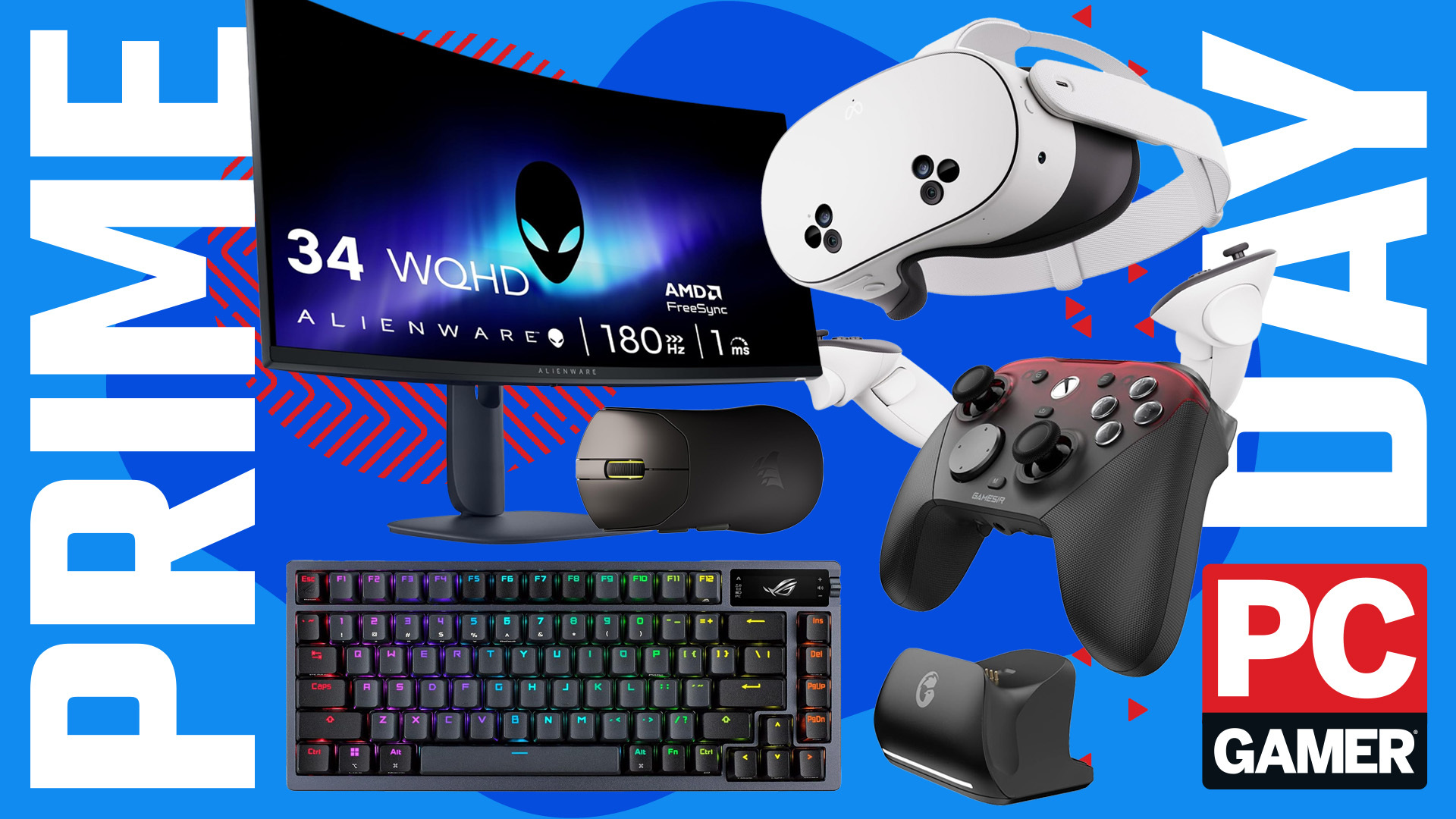 A collage of PC gaming peripherals with the words Prime Day and the PC Gamer logo.
