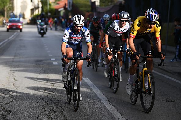 OSIMO ITALY MARCH 11 LR Julian Alaphilippe of France and Team Soudal QuickStep and Wout Van Aert of Belgium and Team Jumbo Visma compete during the 58th TirrenoAdriatico 2023 Stage 6 a 193km stage from Osimo Stazione to Osimo 252m UCIWT TirrenoAdriatico on March 11 2023 in Osimo Italy Photo by Tim de WaeleGetty Images