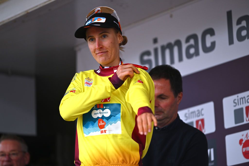 DOETINCHEM NETHERLANDS OCTOBER 12 Franziska Koch of Germany and Team dsmfirmenich PostNL Yellow Leader Jersey celebrates at podium during the 26th Simac Ladies Tour 2024 Stage 5 a 140km stage from Doetinchem to Doetinchem UCIWWT on October 12 2024 in Doetinchem Netherlands Photo by Luc ClaessenGetty Images
