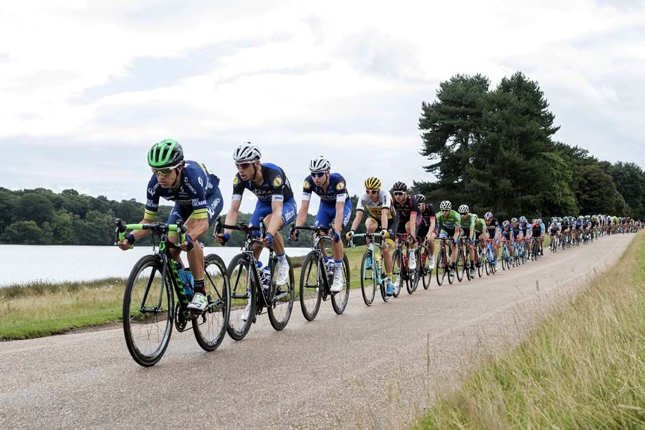 Amets Txurruka leads the peloton on stage 3 of the Tour of Britain