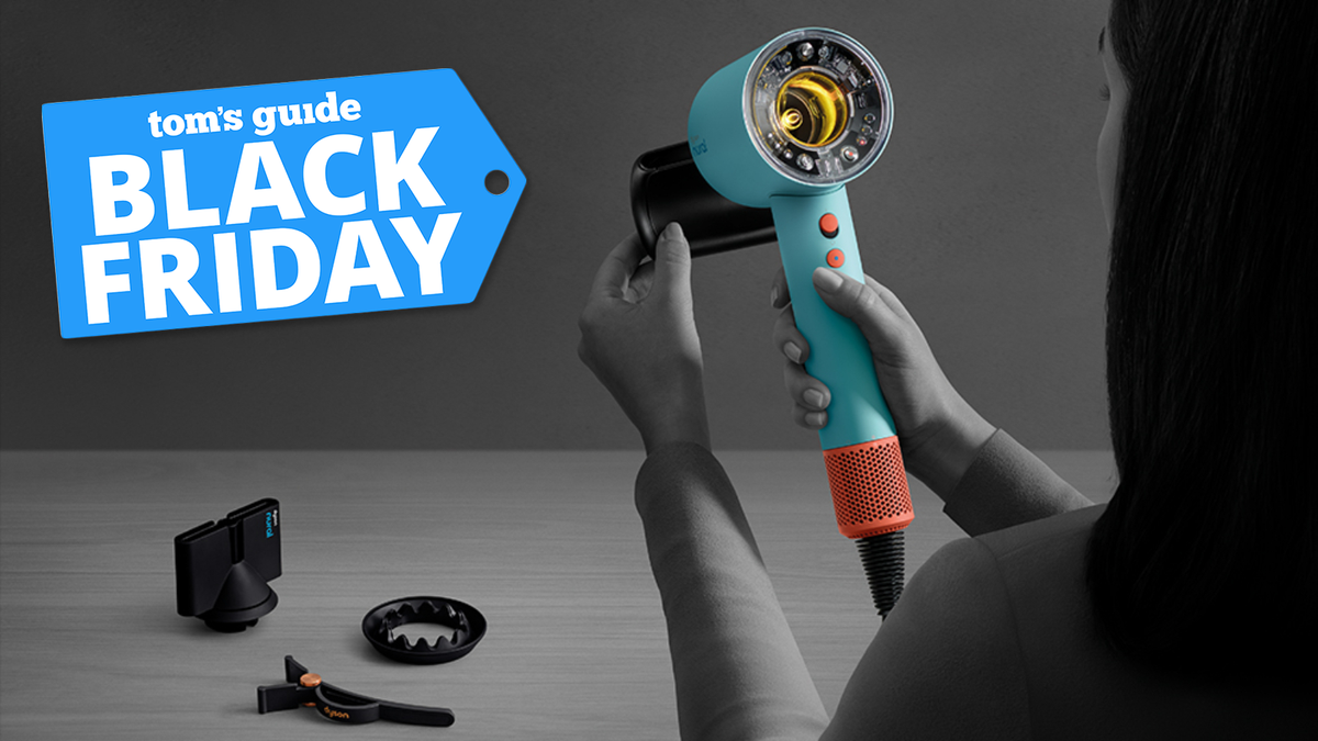 Dyson Supersonic Nural in Ceramic Patina colourway held by model and Tom&#039;s Guide Black Friday badge in top corner