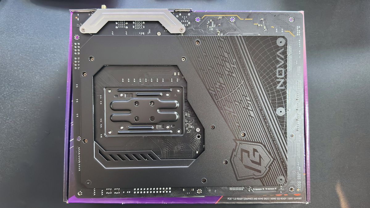 An overhead photo of the backside of the ASRock Phantom Gaming X870 Nova WIFI motherboard