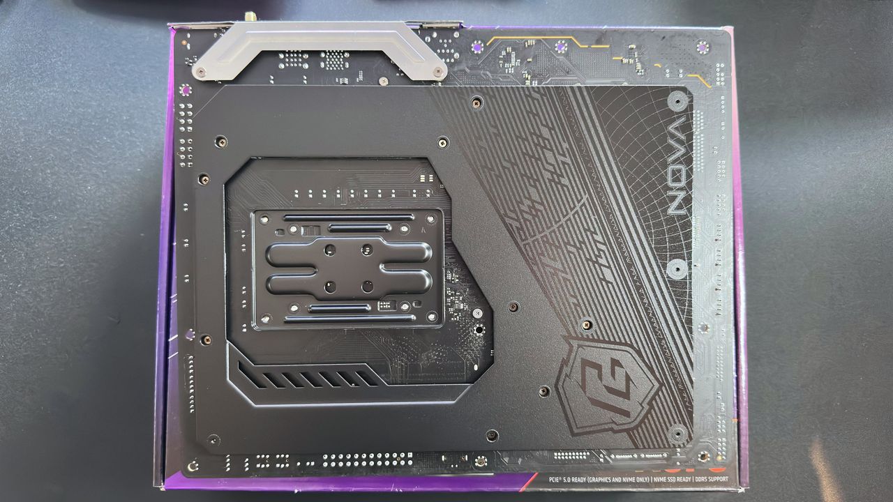 An overhead photo of the backside of the ASRock Phantom Gaming X870 Nova WIFI motherboard