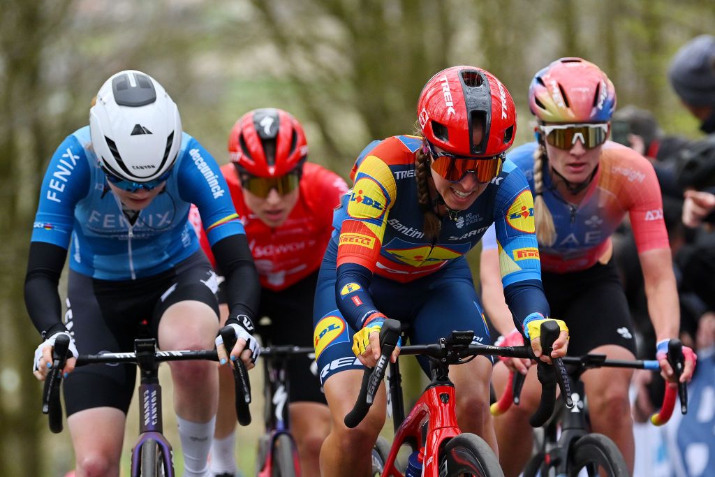 WEVELGEM BELGIUM MARCH 24 Shirin Van Anrooij of The Netherlands and Team LidlTrek competes during the 13rd GentWevelgem in Flanders Fields 2024 Womens Elite a 1712km one day race from Ieper to Wevelgem UCIWWT on March 24 2024 in Wevelgem Belgium Photo by Luc ClaessenGetty Images