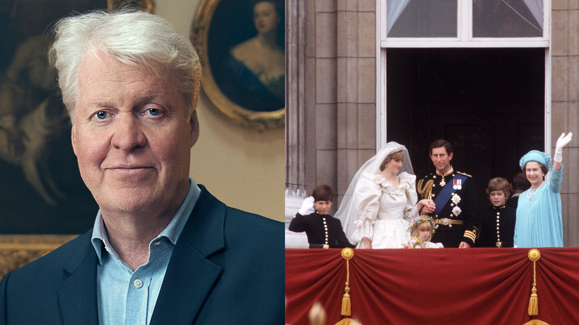 A split image of Charles Spencer and Princess Diana, Prince Charles and Queen Elizabeth waving on the Buckingham Palace on their wedding day