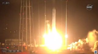 A Northrop Grumman Antares rocket carrying the Cygnus NG-14 cargo ship launches toward the International Space Station from NASA's Wallops Flight Facility on Wallops Island, Virginia on Oct. 2, 2020.