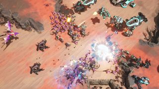 A defensive line of human units hold off a wave of alien attackers in Stormgate.