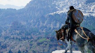 A man sits astride a wolf mount on top of a mountain in Crimson Desert, which isn't on Game Pass.