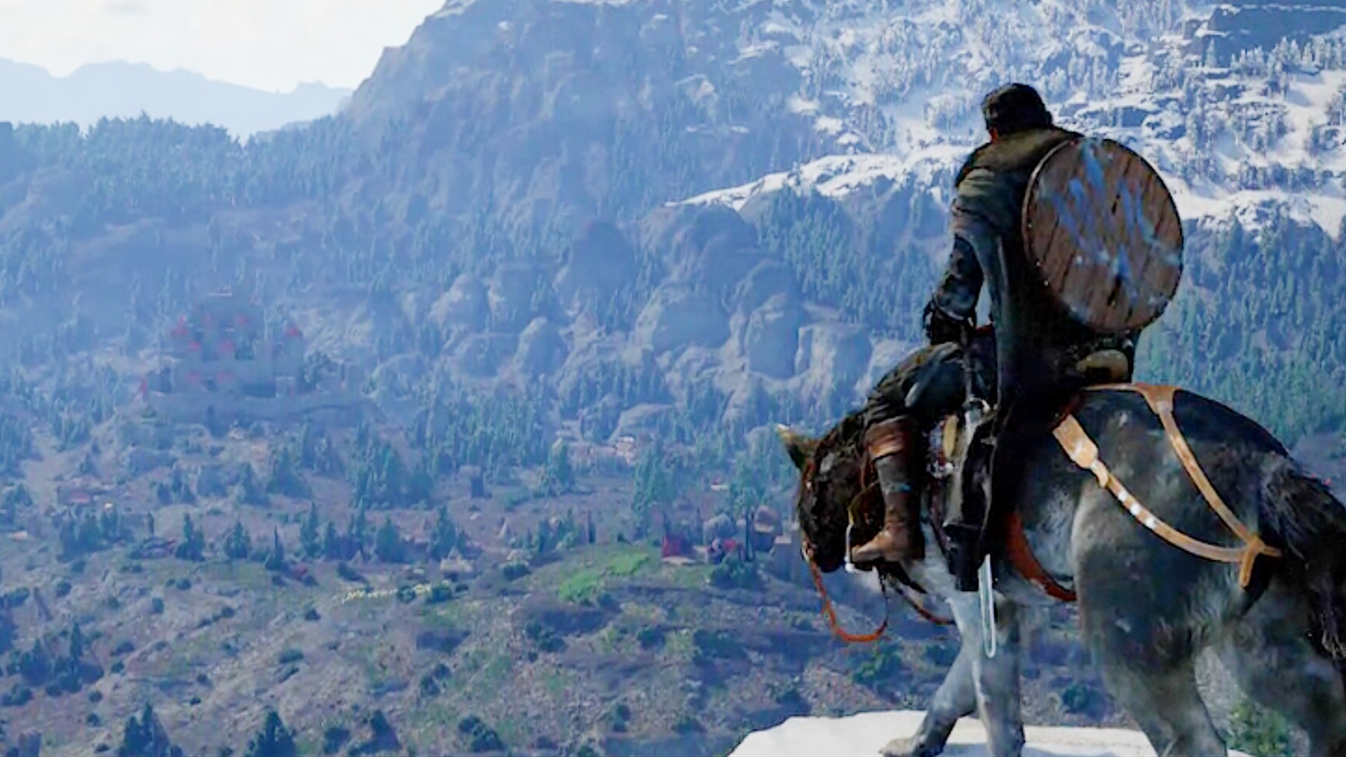 A man sits astride a wolf mount on top of a mountain in Crimson Desert, which isn't on Game Pass.