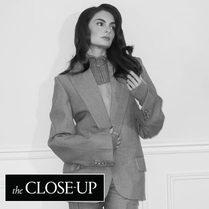 Paige DeSorbo at Paris Fashion Week wearing a blazer from Victoria Beckham at Fashion Month