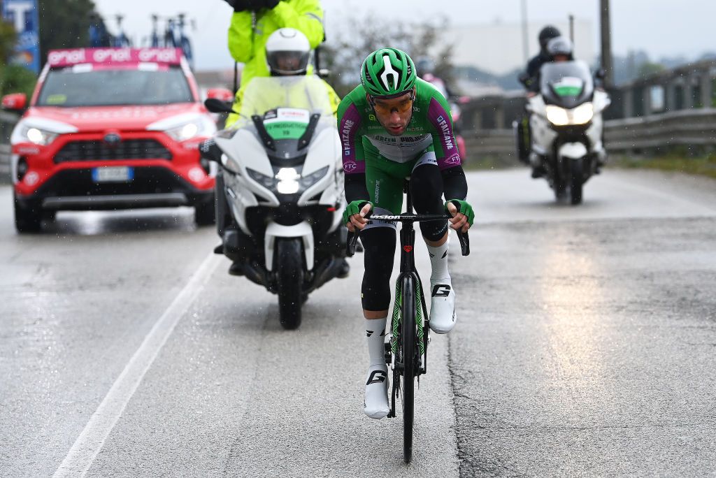 SALERNO ITALY MAY 10 Samuele Zoccarato of Italy and Team Green ProjectBardiani CSFFaizan competes in the breakaway during the 106th Giro dItalia 2023 Stage 5 a 171km stage from Atripalda to Salerno UCIWT on May 10 2023 in Salerno Italy Photo by Tim de WaeleGetty Images