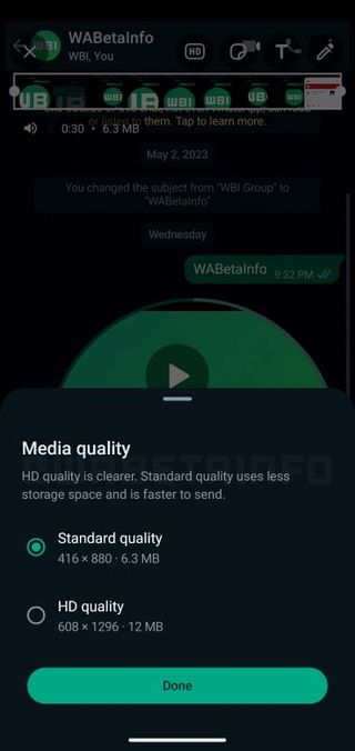 WhatsApp interface for choosing which quality to send a video in