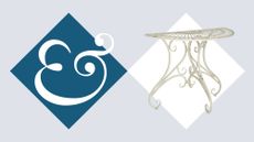 Antique-style outdoor semi-table pictured on a harlequin diamond background featuring an H&G logo.