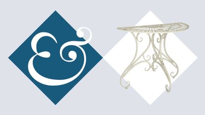 Antique-style outdoor semi-table pictured on a harlequin diamond background featuring an H&G logo.