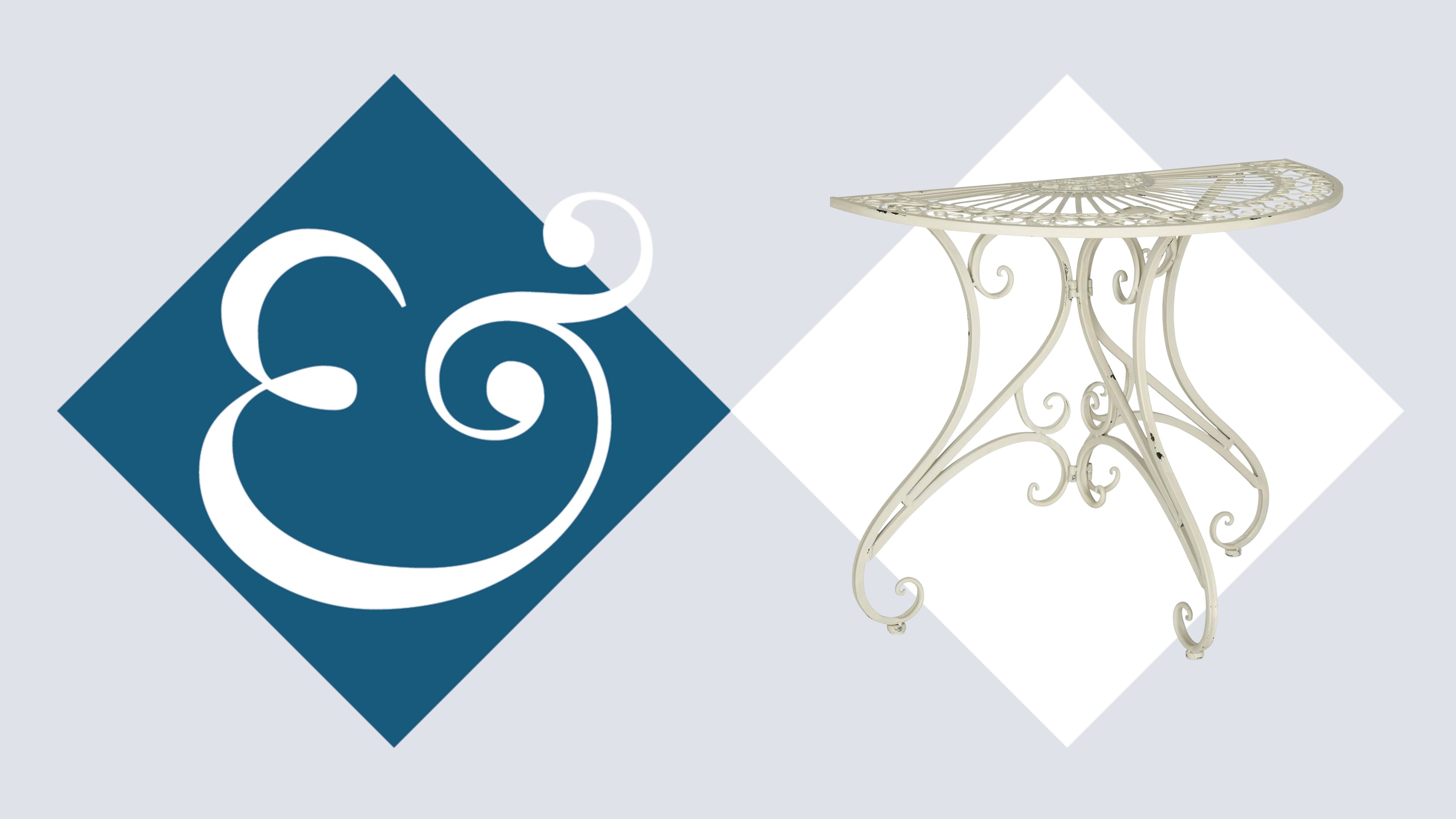 Antique-style outdoor semi-table pictured on a harlequin diamond background featuring an H&amp;G logo.