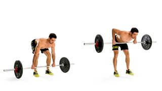 Man demonstrates two positions of barbell bent-over row