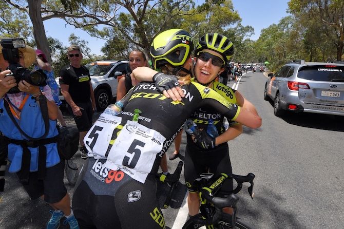 Mitchelton-Scott teammate Amanda Spratt and Lucy Kennedy celebrate their 1-2 on stage 2 of the 2019 Women's Tour Down Under