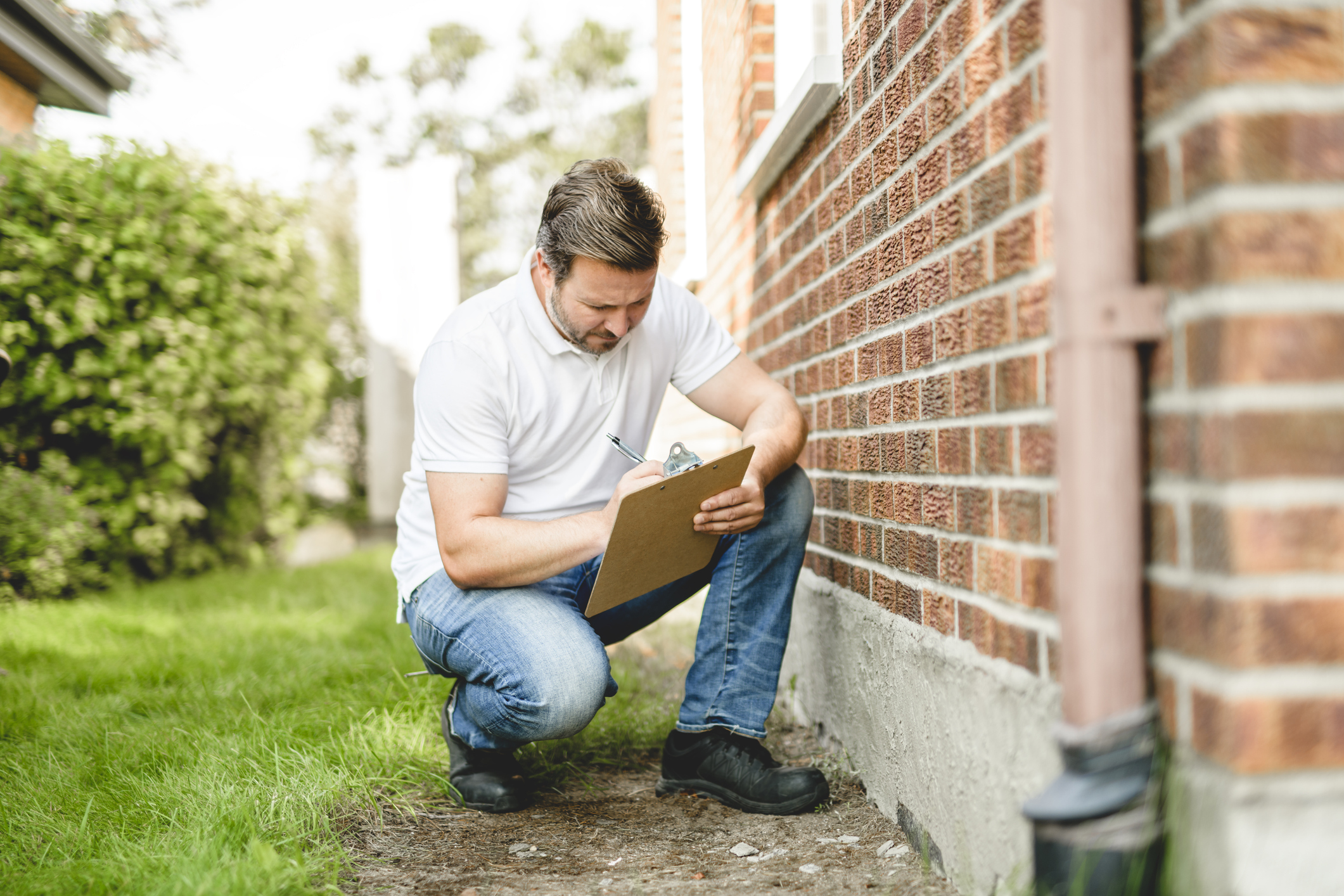 A man takes notes while inspecting the foundation of a house.