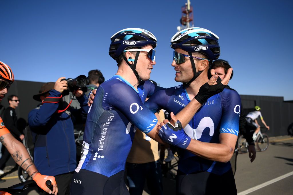 SKYVIEWS OF HARRAT UWAYRID SAUDI ARABIA FEBRUARY 02 Stage winner Ruben Almeida Guerreiro of Portugal R and Movistar Team celebrates at finish line as stage winner with his teammate Gregor Mhlberger of Austria during the 3rd Saudi Tour 2023 Stage 4 a 1633km stage from Maraya to Skyviews of Harrat Uwayrid 1159m SaudiTour on February 02 2023 in Skyviews of Harrat Uwayrid Saudi Arabia Photo by Alex BroadwayGetty Images