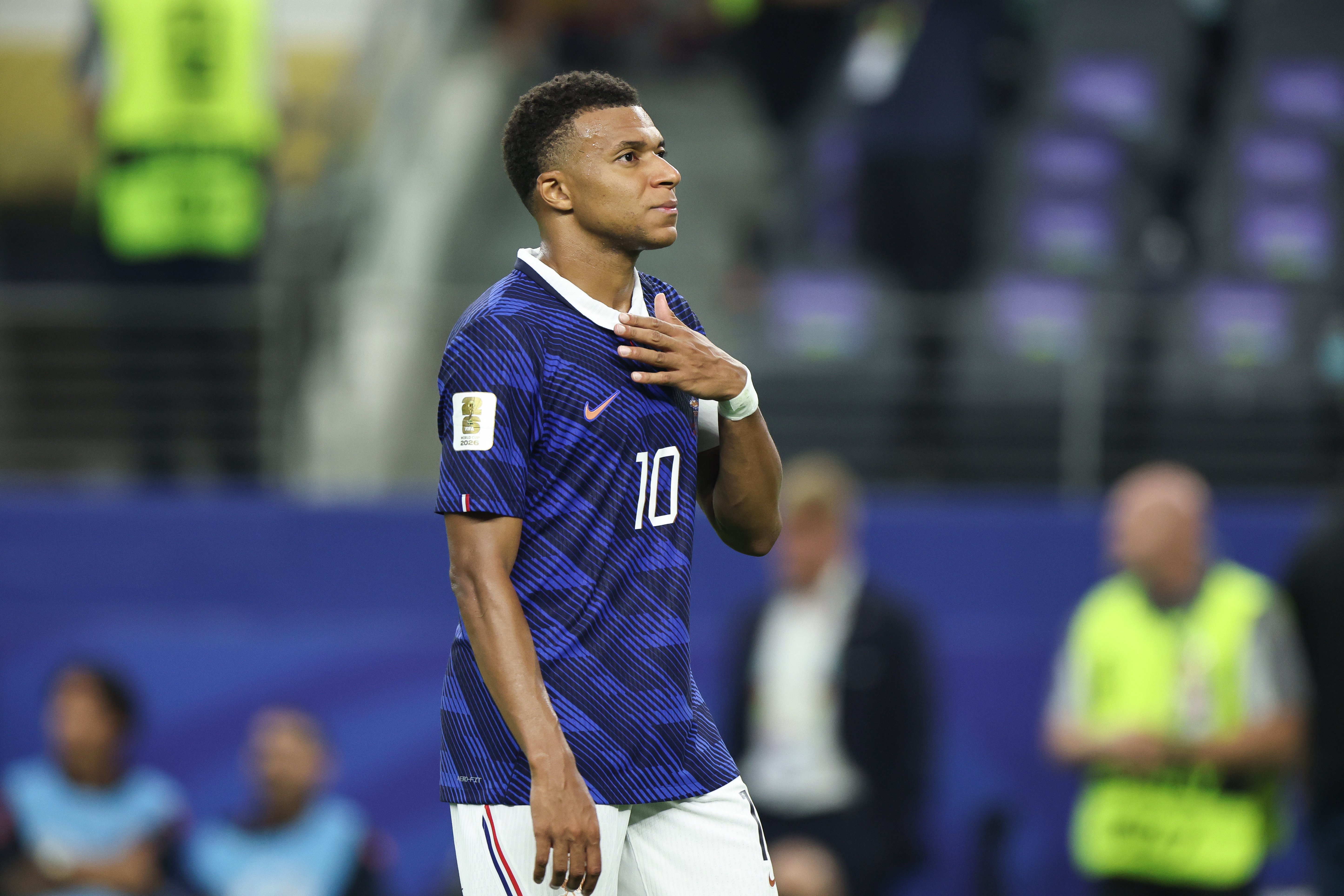 ARLINGTON, TEXAS - JULY 14: Kylian Mbapp&eacute; #10 of France greets fans after the FIFA World Cup 2026 Semi Final match between France and Spain at Dallas Stadium on July 14, 2026 in Arlington, United States. (Photo by Omar Vega/Getty Images)