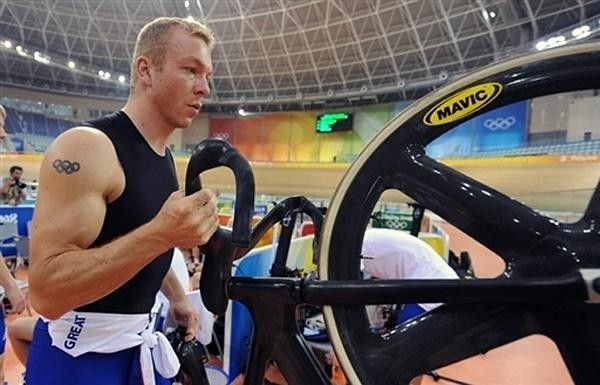 British track cyclist Chris Hoy prepares for a warm-up session.