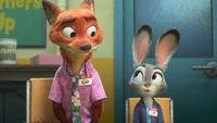 Nick Wilde and Judy Hopps, a fox and a rabbit, look at each other in the animated Disney movie Zootopia 2