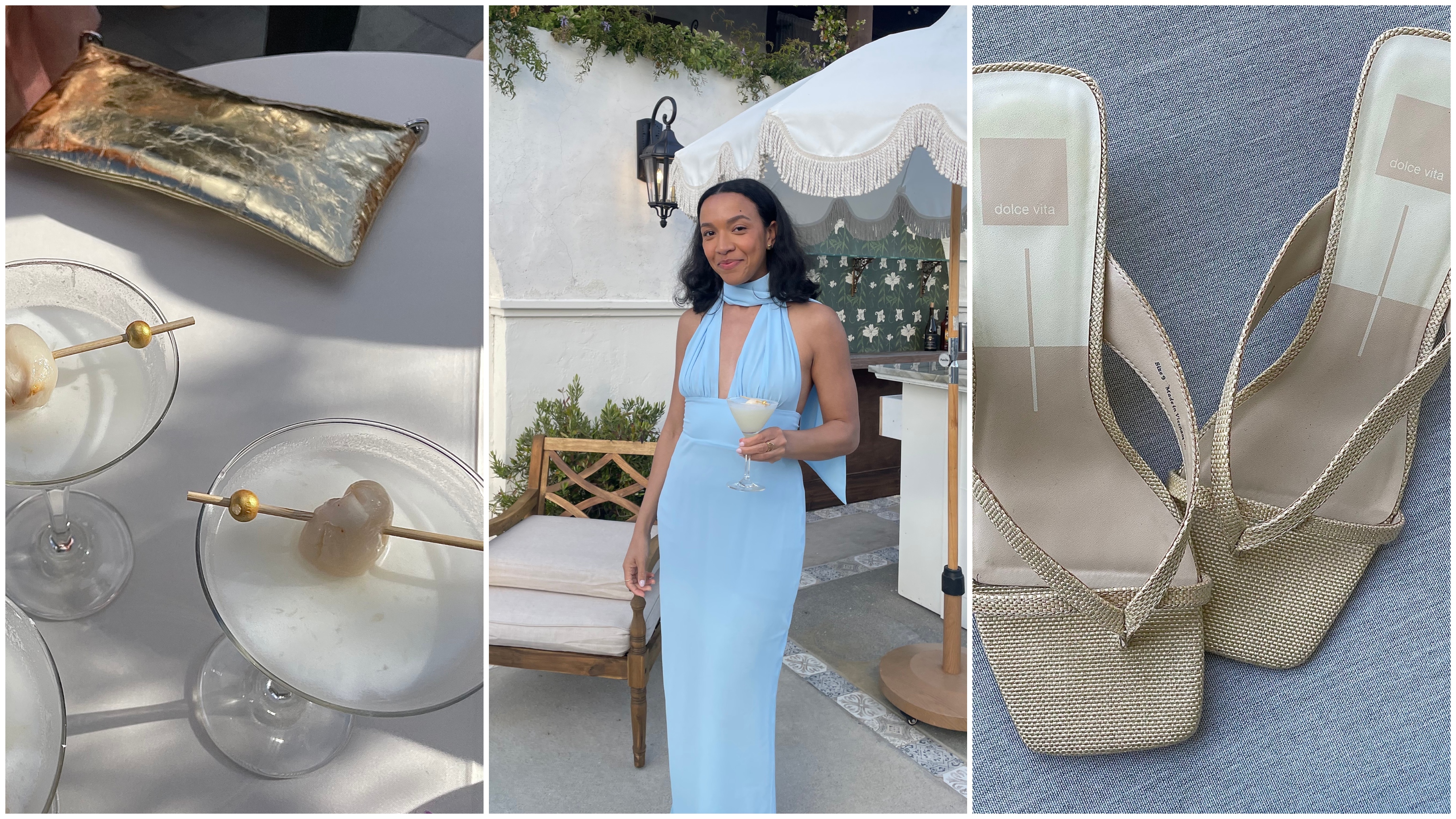 Lauren Tappan wearing a wedding guest dress, a clutch, and sandals 