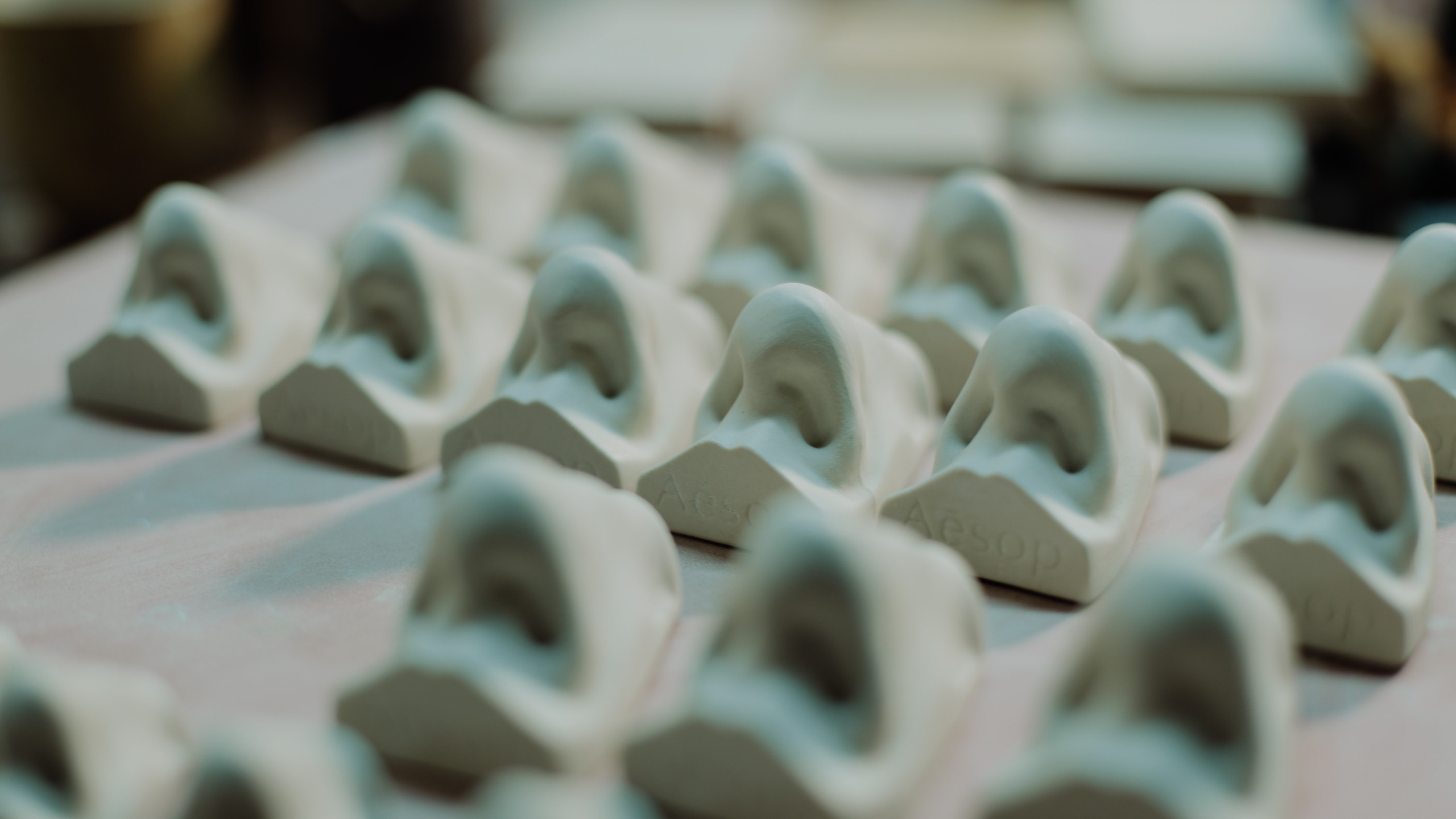 A series of ceramic-sculpted noses sit on a beige surface, inscribed with the logo "AESOP" at the bottom.