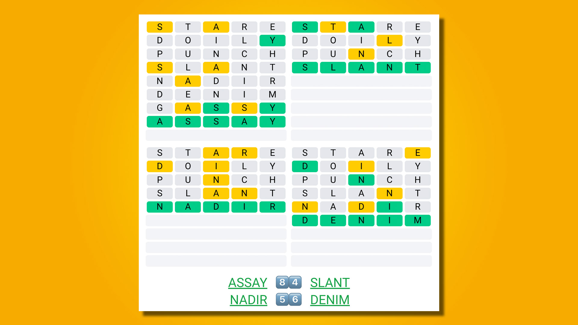 Quordle 448 answers on a yellow background