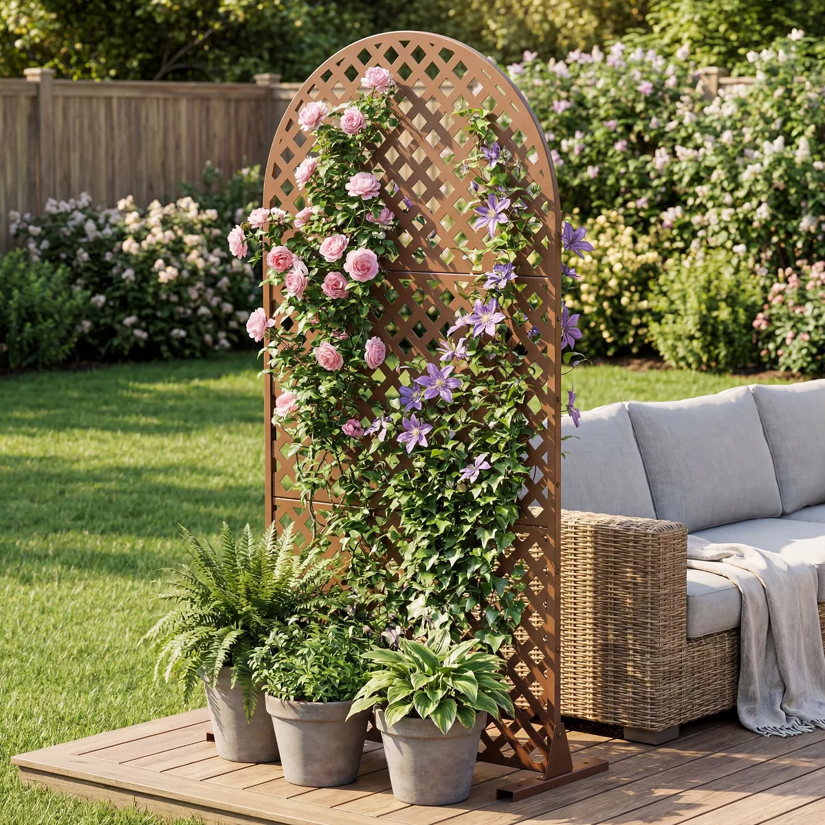 Brown Laurence Diamond Arched Galvanized Steel Privacy Screen, 72&amp;times;35.5&amp;times;15.75 Inch, 3 Panels