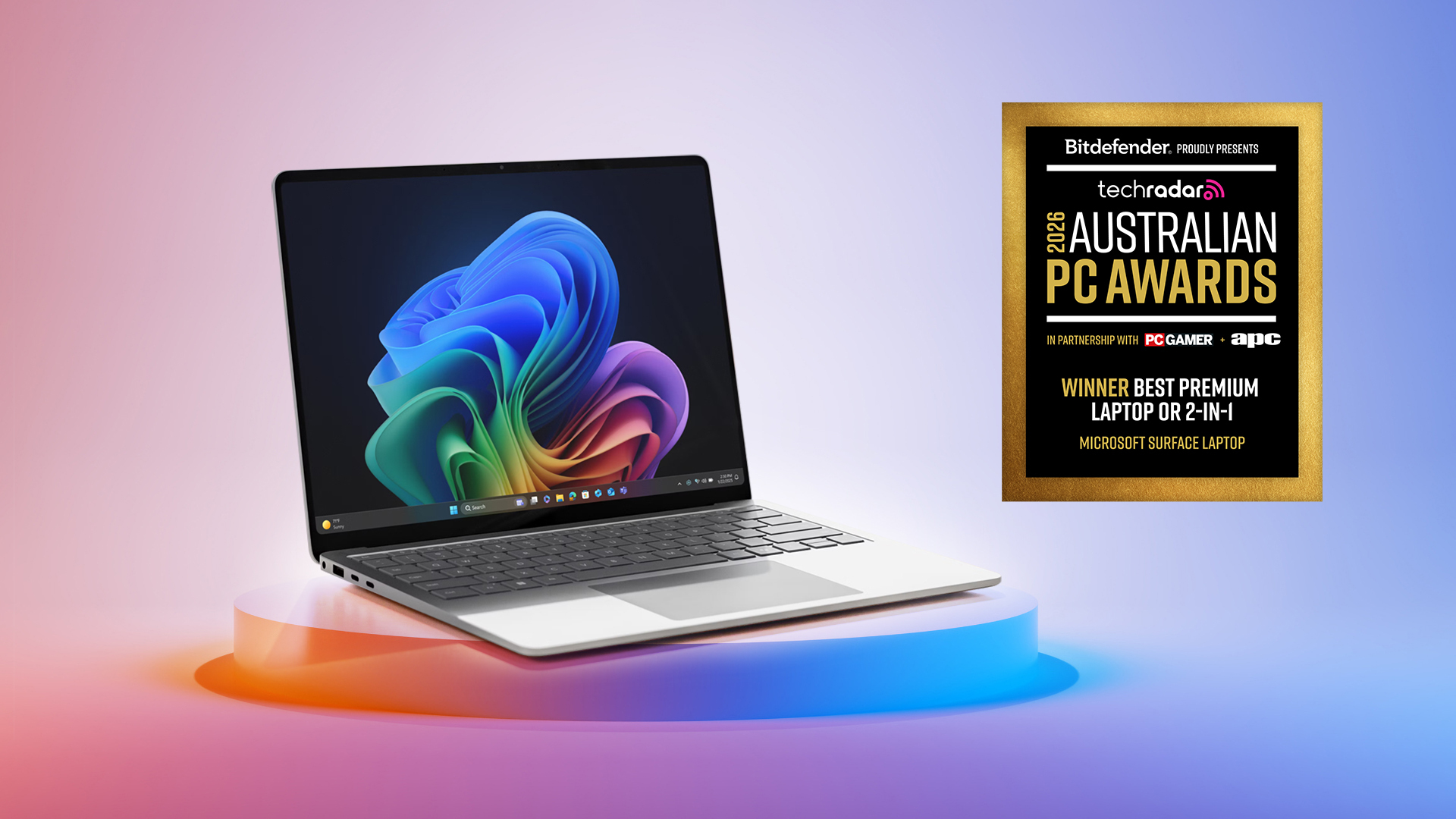 Microsoft Surface laptop and TechRadar Australian PC Awards winner badge