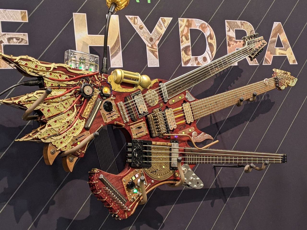 Steve Vai's triple-neck Ibanez Hydra guitar, as exhibited at NAMM 2022
