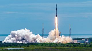 A SpaceX Falcon 9 rocket launches the GPS III-5 mission on June 17, 2021.