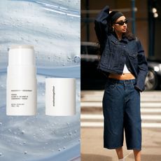 a woman in a blue jean suit raising her arm next to a white deodorant bottle on a blue bubble background