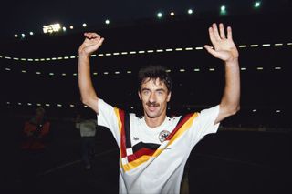 Wales goalscorer Ian Rush celebrates after Wales had beaten West Germany 1-0 in a 1992 UEFA Championships qualifier at Cardiff Arms Park on May 5, 1991 in Cardiff, Wales.