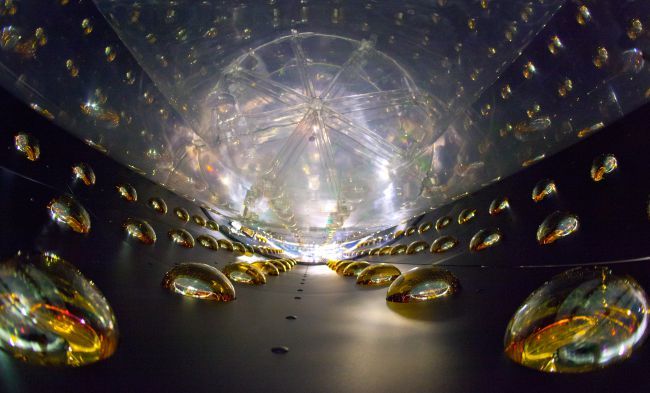 This photo shows the inside of a cylindrical antineutrino detector designed to detect the rare fundamental particles.